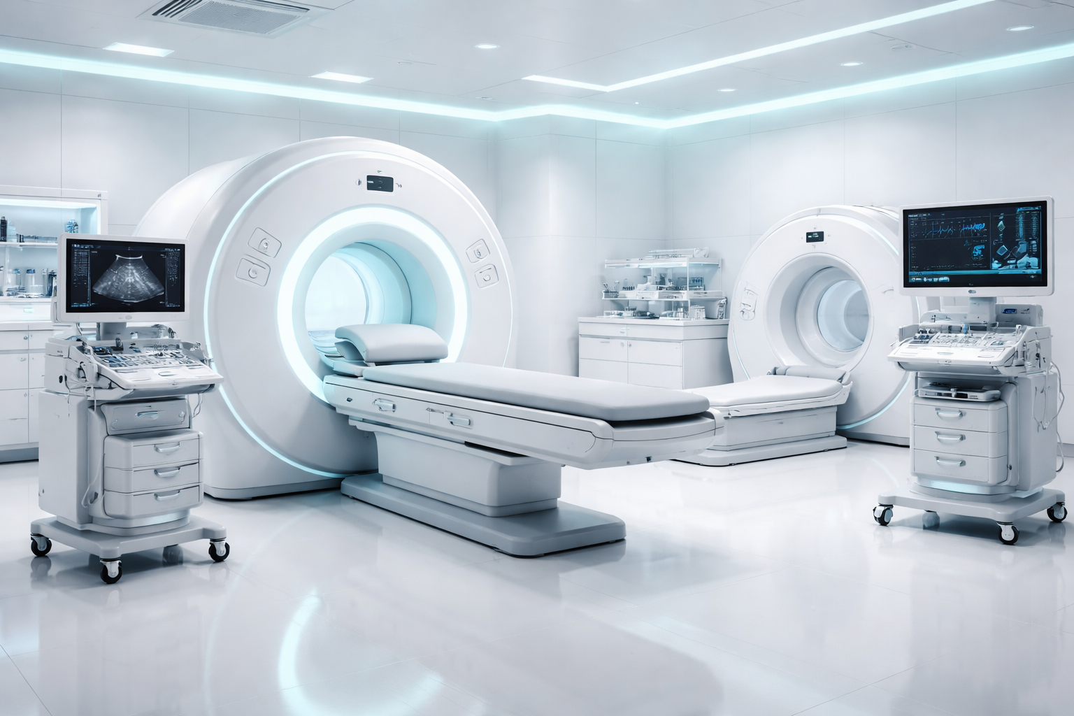 Sleek modern diagnostic clinical equipment in a perfectly clean, bright white and teal illuminated room, futuristic medical aesthetic, highly photorealistic 8k --no woman